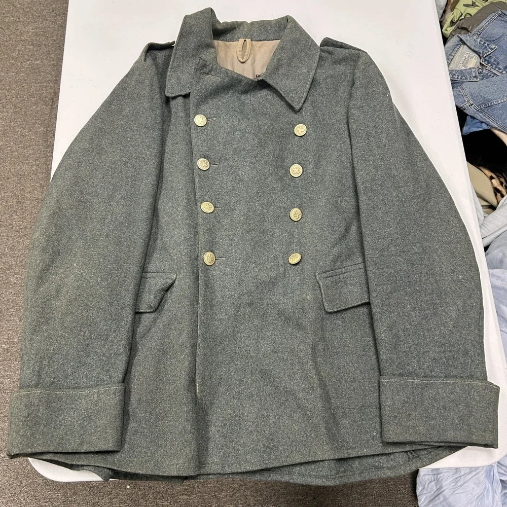 Swiss Military Pea Coat Mens 38 Gray Good Double Breasted Wool Field Jacket 50s